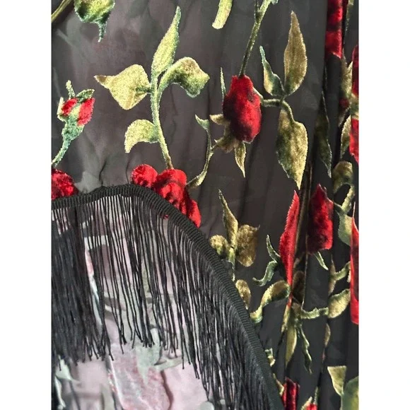 Sheer Velvet Burnout Floral Fringe Kimono Duster Black Whimsigoth Festival - Picture 3 of 6